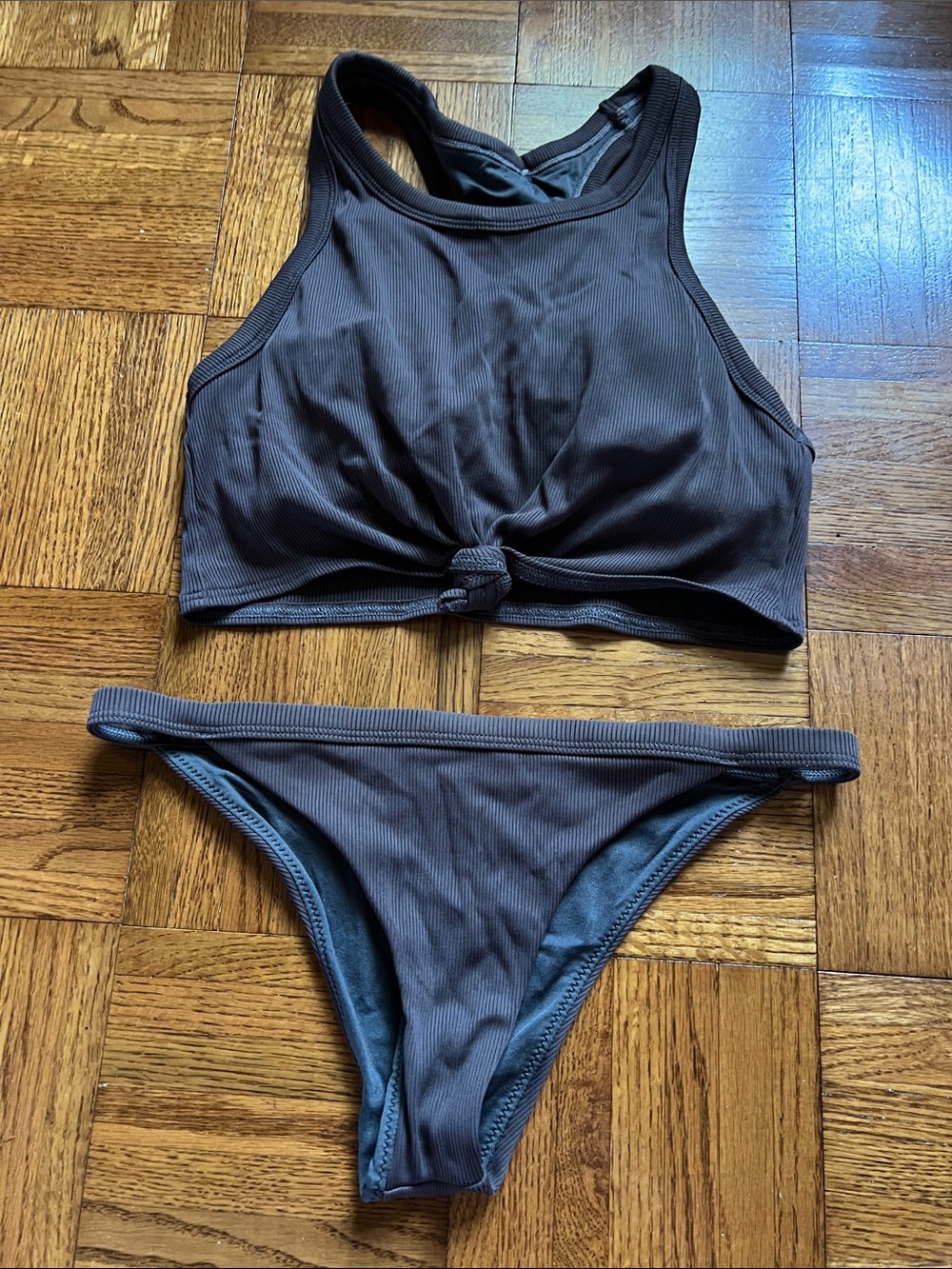 Rip curl Knotted Crop Tank Dark Gray Ribbed Bikini Set